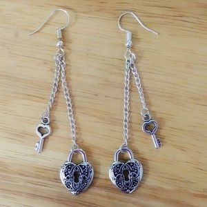 Silver Toned Heart Lock Key Chain Dangle Earrings